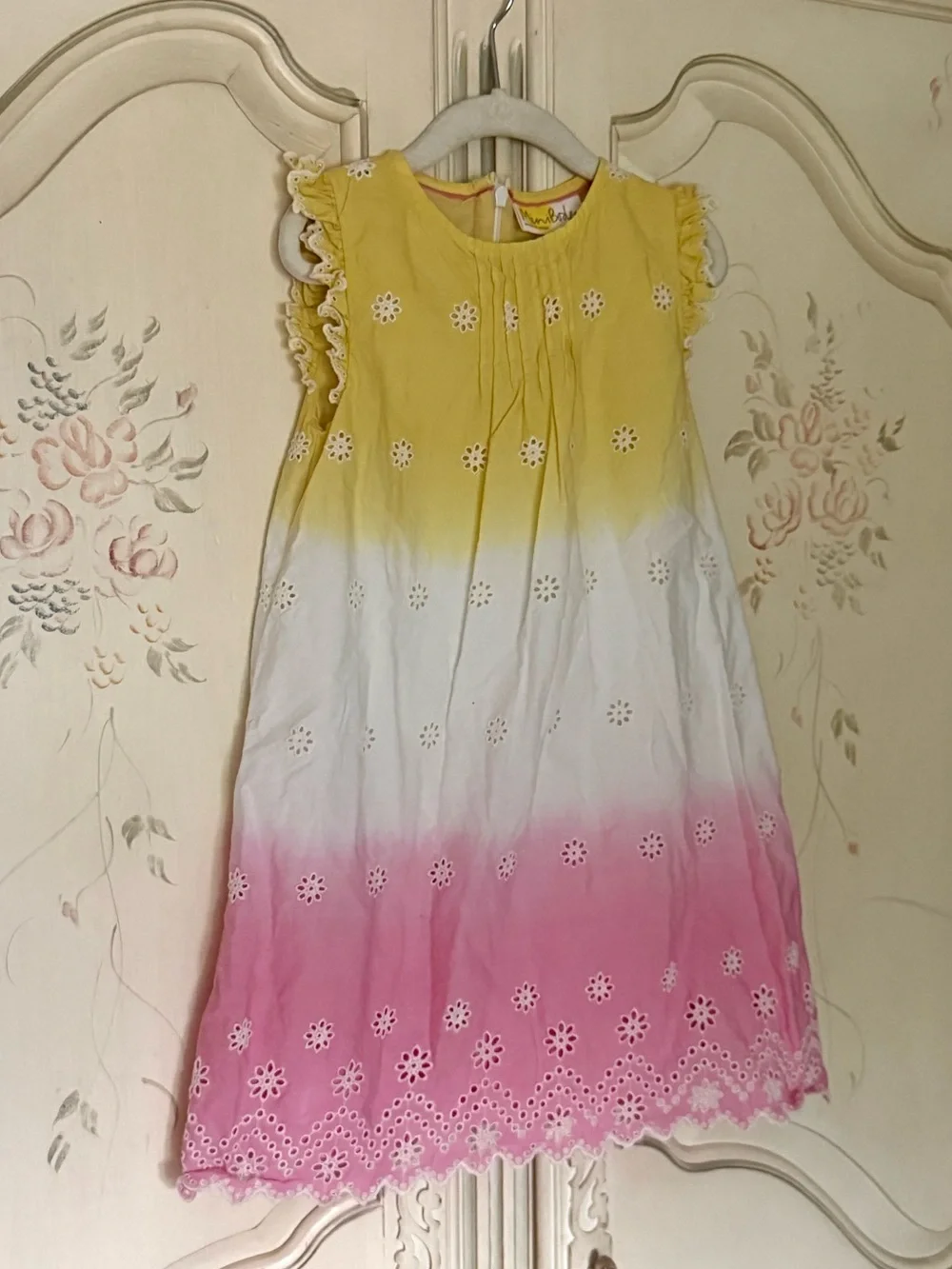 Mini Boden 6-7Y Broderie Lace Daffodil Yellow Pink Ombré Flutter Sleeve Dress